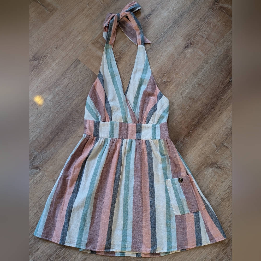 American Eagle Linen Blend Multicolor Striped Halter Dress With Pockets Large